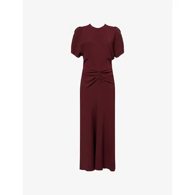 VICTORIA BECKHAM WOMENS CINNABAR RED GATHERED SPLIT-SLEEVE WOVEN MIDI DRESS