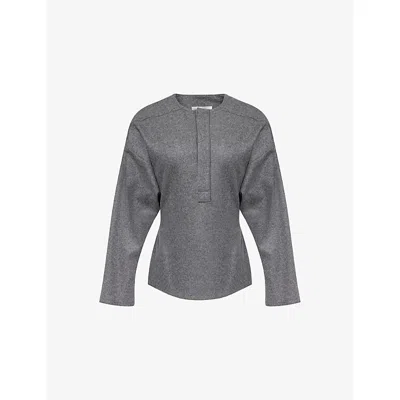 Victoria Beckham Womens Mid Grey Melange Henley Gathered Wool And Cashmere Top In Blue
