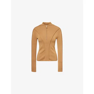 Victoria Beckham Womens Camel Hooded Rib-trim Knitted Merino Wool-blend Top In Brown