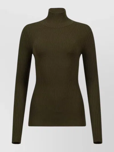 Victoria Beckham Wool Fine Ribbed High Neck Sweater In Green