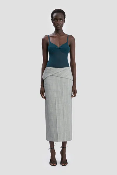 Victoria Beckham Wrap Skirt In Blue-grey Check In Gray