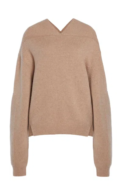 Victoria Beckham Yoke Detailed Cashmere Wool Sweater In Tan