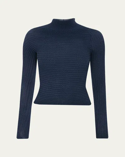 Victoria Beckham Zigzag Knit Mock-neck Long-sleeve Top In Blue