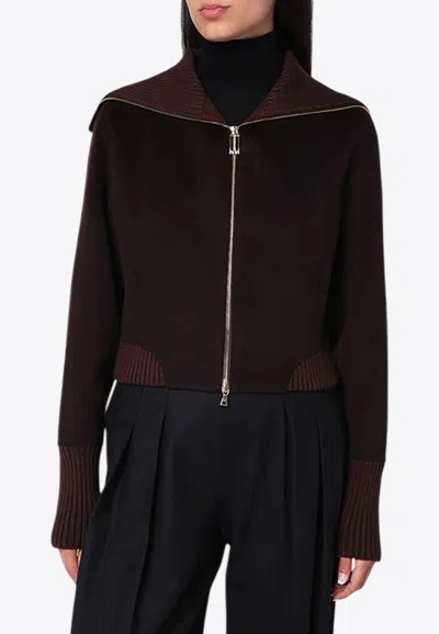 Victoria Beckham Zip-up Ribbed Wool Cardigan In Brown