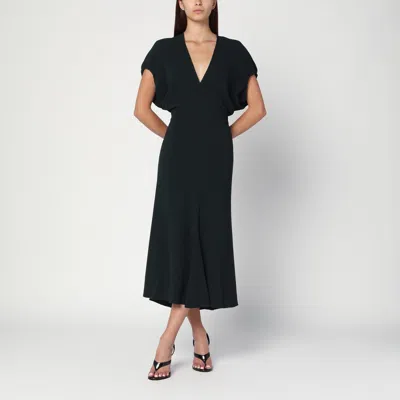 Victoria Beckham Dark Green Midi Dress In Satin In Black
