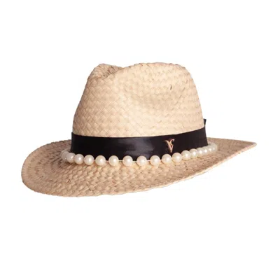Victoria Charles Headpieces Women's Neutrals Natural Straw Trilby With Black Satin Band And Extra Large Pearl Trim