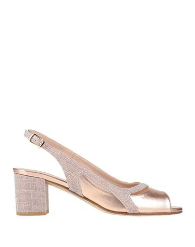 Victoria Chris Napoli Woman Sandals Rose Gold Size 6 Leather, Textile Fibers In Orange