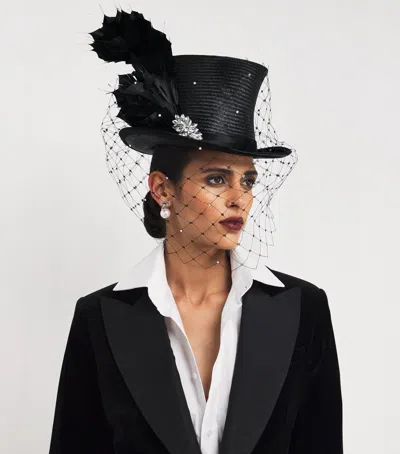 Victoria Grant Feathered Veil Top Hat Fascinator In Black