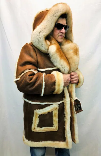 Pre-owned Victoria Real 100% Sheepskin Shearling Leather Real Fox Marlboro Trench Coat Jacket S-8xl In Brown