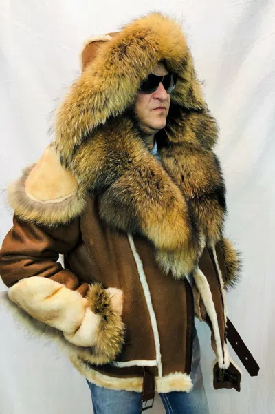 Pre-owned Victoria Real 100% Sheepskin Shearling Leather Real Raccoon Bomber B3 Coat Jacket S-8xl In Brown