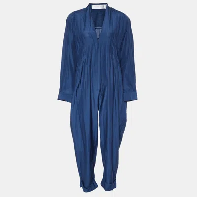 Pre-owned Victoria Beckham Navy Blue Silk & Cotton V-neck Jumpsuit M