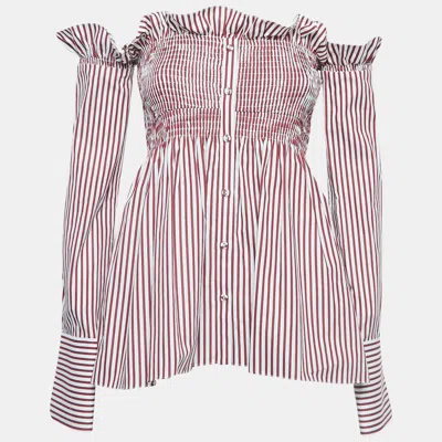 Pre-owned Victoria Victoria Beckham White/red Striped Cotton Off-shoulder Blouse S