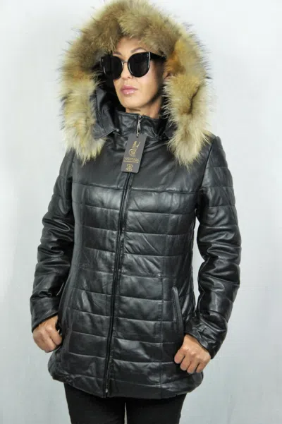 Pre-owned Victoria Women 100% Real Lambskin Leather Puffer Jacket Coat Lined Raccoon Fur Xs-6xl In Black