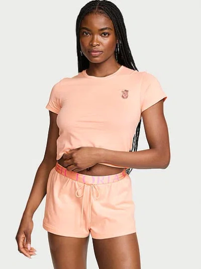 Victoria's Secret 100% Cotton Lace Patch Short Pajama Set In Orange