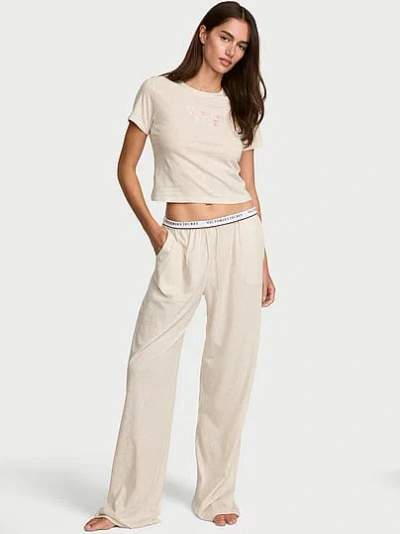 Victoria's Secret 100% Cotton Tee Long Pajama Set In Beige