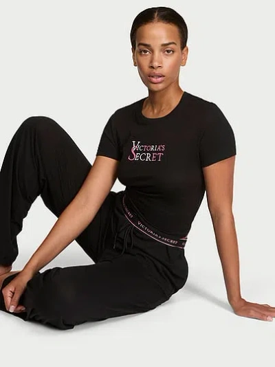 Victoria's Secret 100% Cotton Tee Long Pajama Set In Black