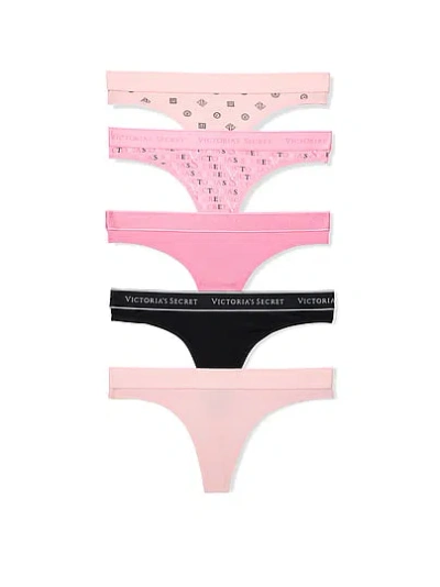 Victoria's Secret 5-pack Logo Cotton Thong Panties In Print