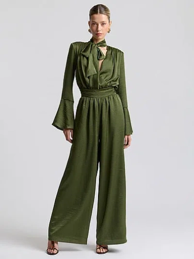 Victoria's Secret Avec Les Filles Tie-neck Long Sleeve Wide-leg Jumpsuit In Green