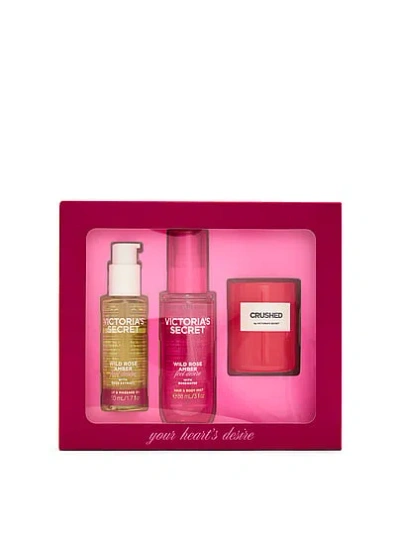Victoria's Secret Beauty Body Care 3-piece Wild Rose Amber Gift Set Ft. Exclusive Minis And Crushed Candle In Multi
