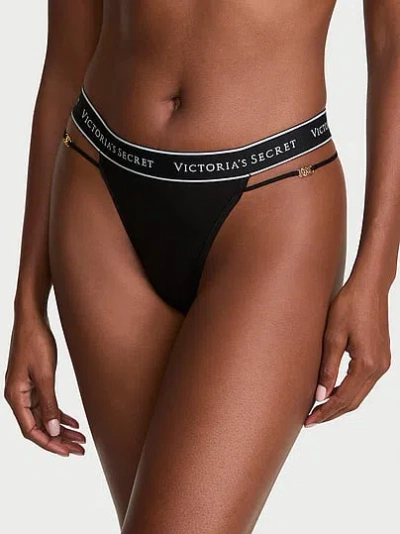 Victoria's Secret Cotton Logo Strappy Thong Panty In Black