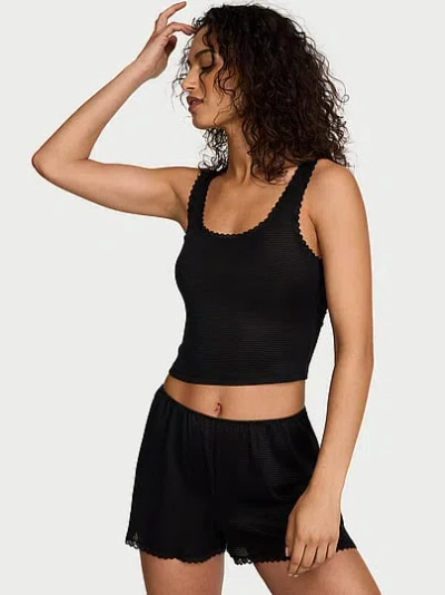 Victoria's Secret Cotton Shadow Stripe Cropped Tank & Shorts Set In Black