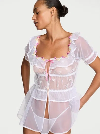 Victoria's Secret Dream Angels Butterflies Embroidery Tulle Short-sleeve Babydoll Set In White
