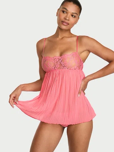 Victoria's Secret Dream Angels Dare To Lace Pleated Babydoll Set In Pink