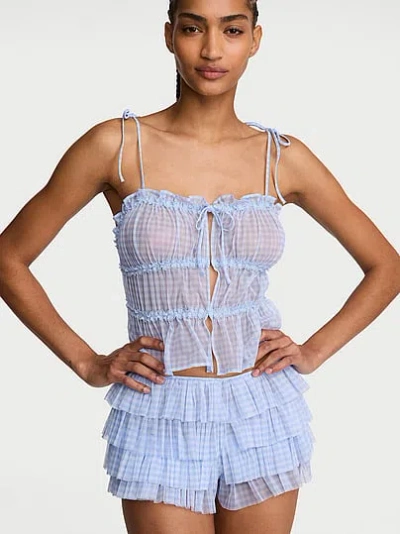 Victoria's Secret Dream Angels Gingham Chiffon Cami & Ruffled Short Set In Blue