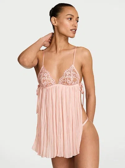 Victoria's Secret Dream Angels Lace Triangle Pleated Babydoll Set In Pink