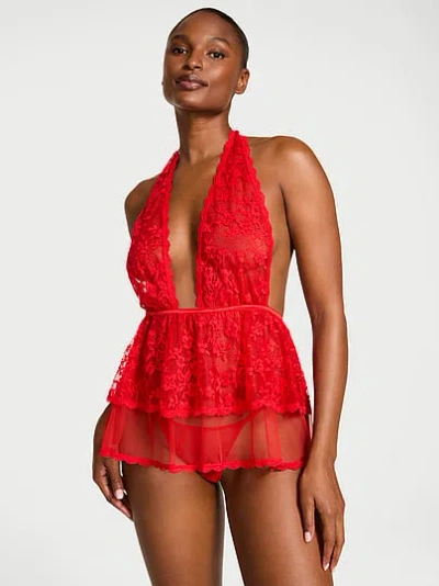 Victoria's Secret Dream Angels Lace Tulle Plunge Babydoll Set In Red