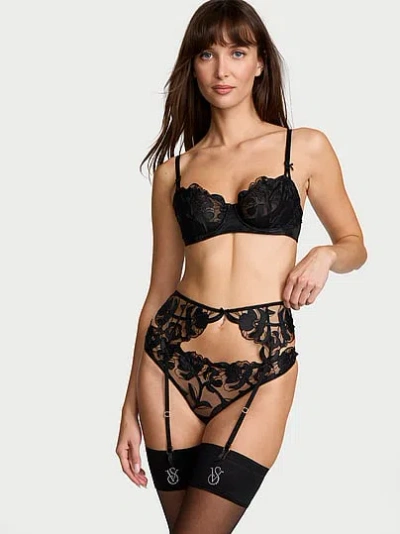 Victoria's Secret Dream Angels Pop Floral Embroidery Garter Belt In Black