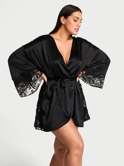 Victoria's Secret Dream Angels Satin & Lace Trim Robe In Black