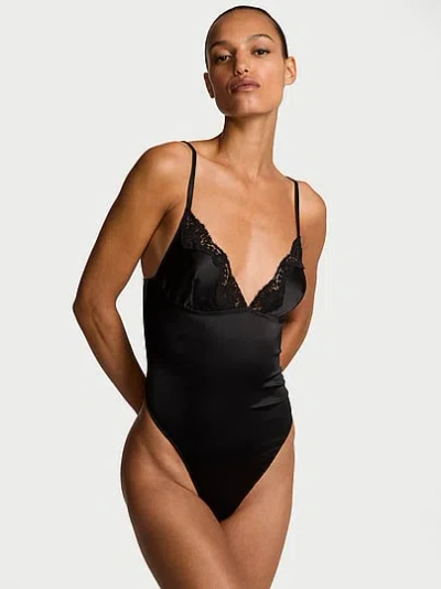 Victoria's Secret Dream Angels Satin Lace-trim Bodysuit In Black