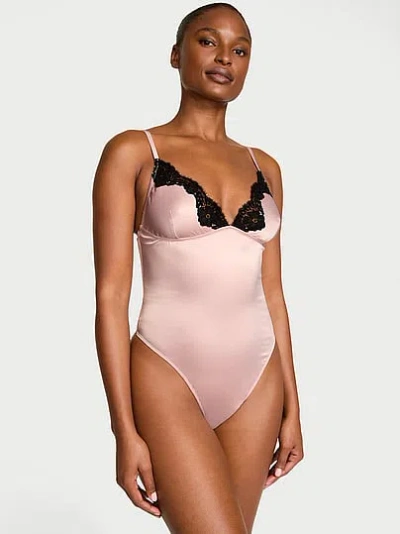 Victoria's Secret Dream Angels Satin Lace-trim Bodysuit In Pink