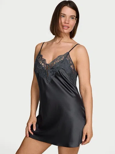 Victoria's Secret Dream Angels Satin Lace-trim Short Slip Dress In Black