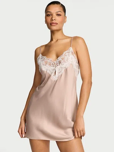 Victoria's Secret Dream Angels Satin Lace-trim Short Slip Dress In Brown