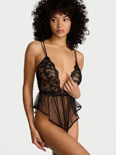 Victoria's Secret Dream Angels Sheer Dot Mesh & Lace Plunge Flutter Romper In Black