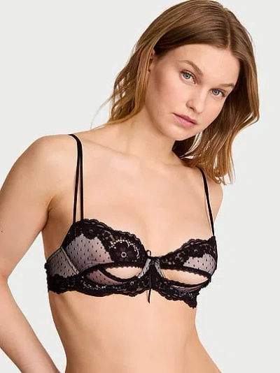 Victoria's Secret Dream Angels Wicked Unlined Heritage Dot Mesh Lace-trim Open-cup Balconette Bra In Black