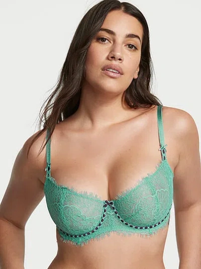 Victoria's Secret Dream Angels Wicked Unlined Ribbon Slot Lace Balconette Bra In Green