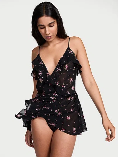 Victoria's Secret Dream Angels Wisteria Sheer Chiffon Babydoll Set In Black