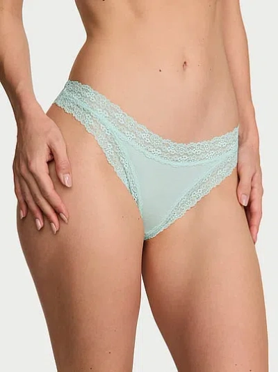 Victoria's Secret Lace Trim Cotton Lace-trim Thong Panty In Green