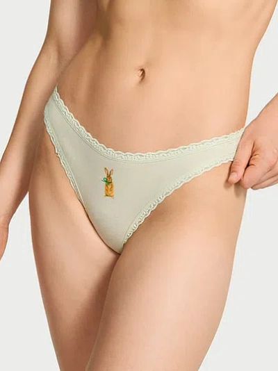 Victoria's Secret Lace Trim Cotton Lace-waist Thong In Green