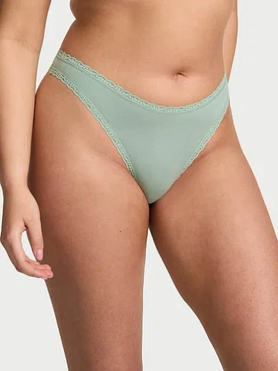 Victoria's Secret Lace Trim Cotton Lace-waist Thong In Green