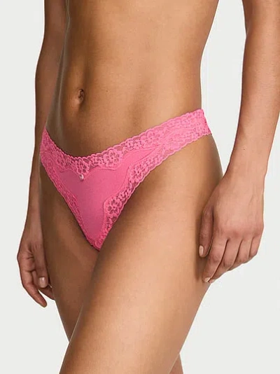 Victoria's Secret Lace Trim Cotton Lace-waist Thong Panty In Pink
