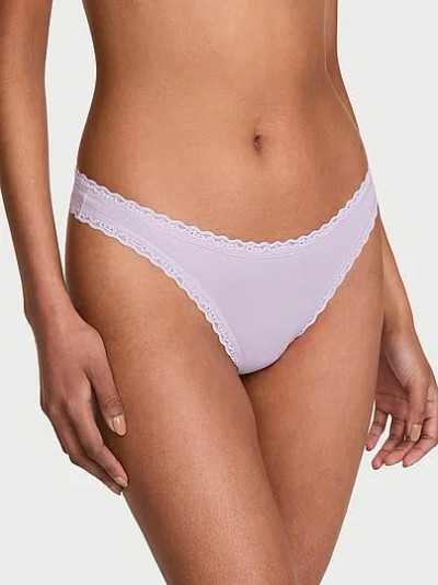 Victoria's Secret Lace Trim Cotton Lace-waist Thong In Purple