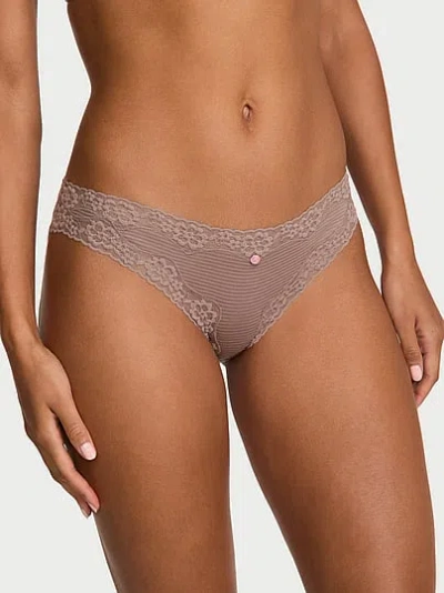 Victoria's Secret Lace Trim Cotton Shadow Stripe Lace-waist Bikini Panty In Brown