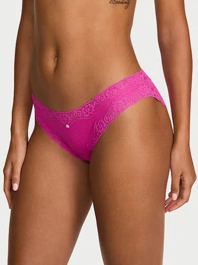 Victoria's Secret Lace Trim Cotton Shadow Stripe Lace-waist Bikini Panty In Pink
