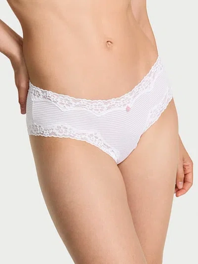 Victoria's Secret Lace Trim Cotton Shadow Stripe Lace-waist Cheeky Panty In White,ivory