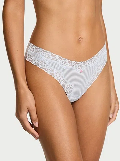 Victoria's Secret Lace Trim Cotton Shadow Stripe Lace-waist Thong Panty In Blue