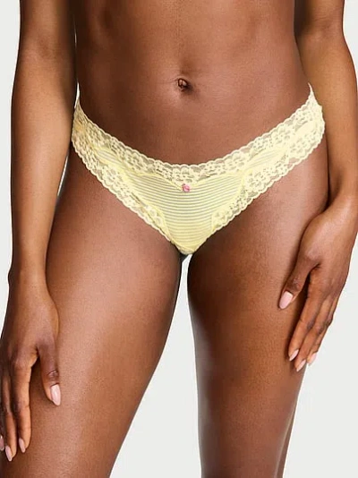 Victoria's Secret Lace Trim Cotton Shadow Stripe Lace-waist Thong Panty In Yellow